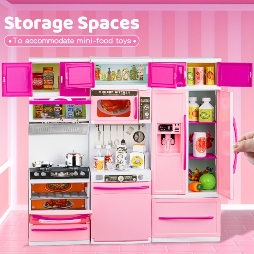 Pink Kitchen Toy Set 64pcs with Lights & Sounds – Mini Furniture Doll Playset for Girls | Pretend Play Kitchen Accessories, Birthday & Christmas Gift for Toddlers & Kids Ages 3 4 5 6