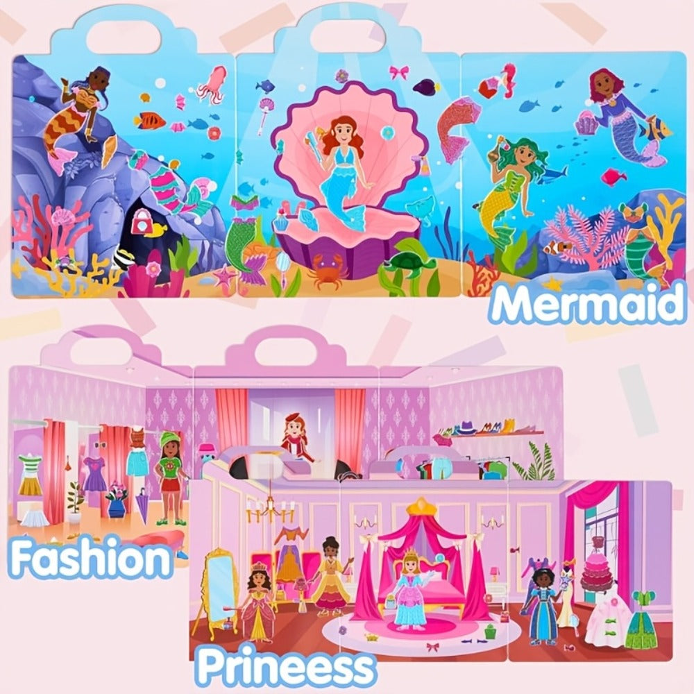 Reusable Sticker Books for Toddlers Girls 3 Pack – 3D Foam Sticker Activity Books Mermaid Princess Fashion Themes, 195+ Restickable Stickers Screen-Free Travel Toy Birthday Christmas Gift