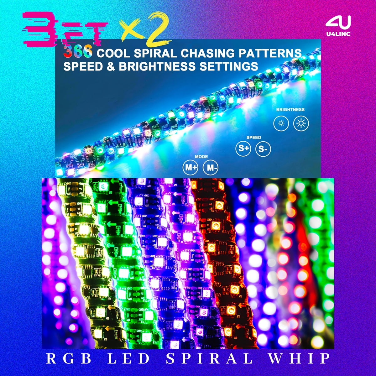 1 Pair (2pcs) 1ft/2ft/3ft/4ft Brighter RGB LED Whip Lights Flag Pole Remote And APP Control Color Changing Lamp Spiral RGB Music Chasing/Dancing Neon Light Whips for UTV ATV RZR SXS Side By Side Dune Buggy Offroad Truck (w/o Spring Base)