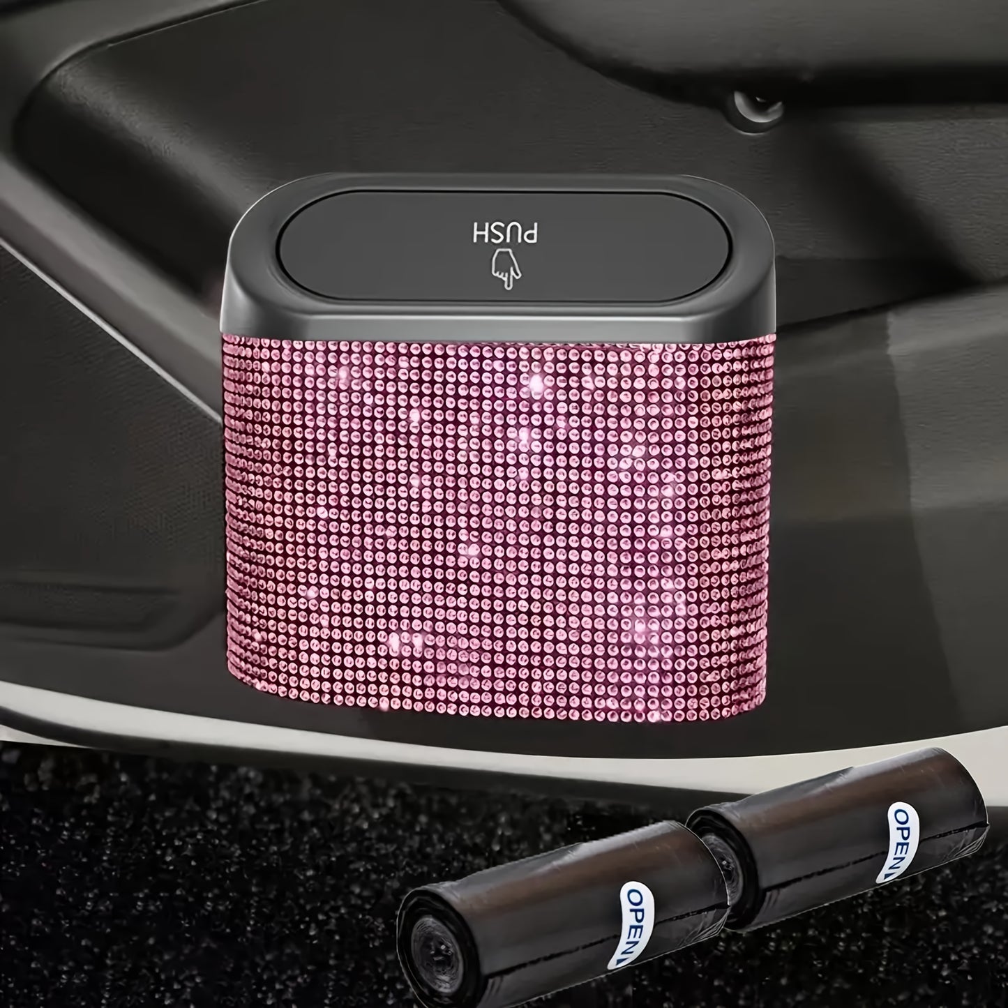 3pcs/Set 1pc Sparkling Rhinestone Car Trash Can with Lid, Plus 2 Trash Bag-Concealed Hanging Interior Storage Bin, Versatile Car Additions, Leakproof Automotive Garbage Container Bin, Storage Bin for Vehicle Interior, Door, Seat Back, Home, Office