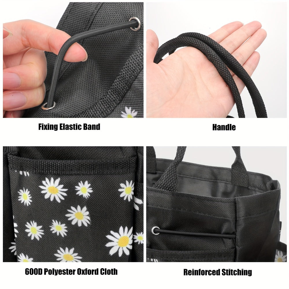 Garden Tool Bag Heavy Duty Multi-Pocket Organizer – Large Capacity Tool Storage Carrier Tote for Gardening, Lawn Care, Camping & Outdoor Work, Portable Daisy Pattern, Black & Gray (No Tools Included)