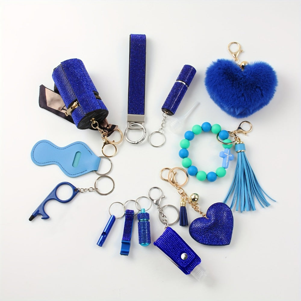 Rhinestone Keychain Set for Women 13-Piece – Safety Gadgets with Window Breaker Whistle Hand Sanitizer Holder Perfume Bottle Beaded Bracelet PU Tassel, Holiday Birthday Gift Box