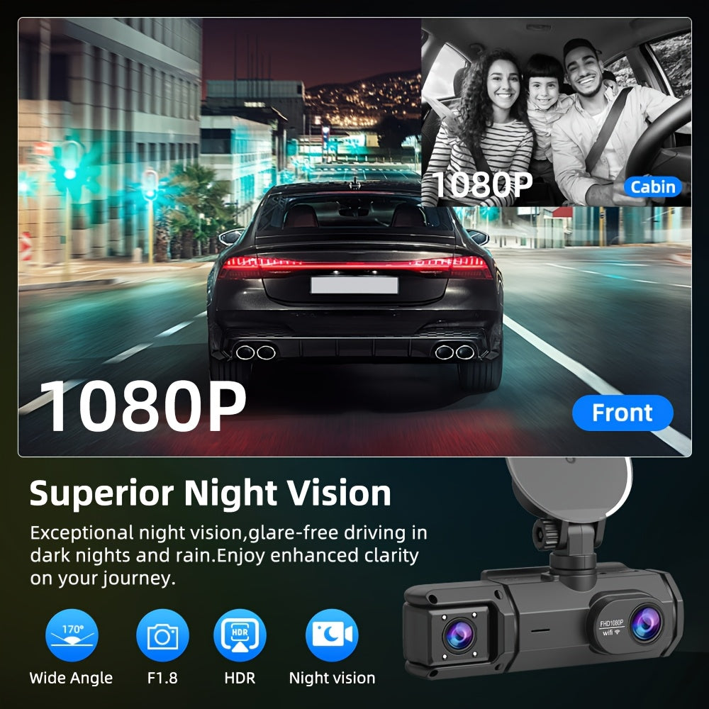 Car Driving Recorder, FHD1080P Car 2/3 Cameras, 170° Wide-angle Lens, Built-in Wifi, Adjustable Built-in Camera, Super Night Vision Black Box, Loop Recording, Motion Detection, Optional 32GB Memory Card, Car Front And Rear 360-degree Driving Recorde