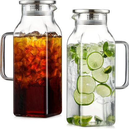 Glass Pitcher with Lid & Handle 68oz – Square Borosilicate Water Jug for Fridge | Heat Resistant Iced Tea Carafe, Cold Brew Coffee Server & Beverage Pitcher for Juice, Milk & Sangria