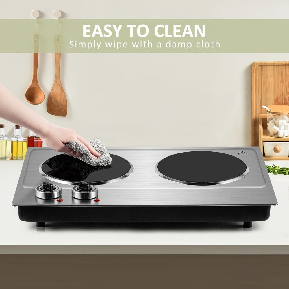 Electric Infrared Cooktop Double Burner Hot Plate – 1800W Portable Dual Temperature Control, Easy-Clean Smooth Surface, Countertop Infrared Stove for Home Kitchen & Dorm, Black or Silver