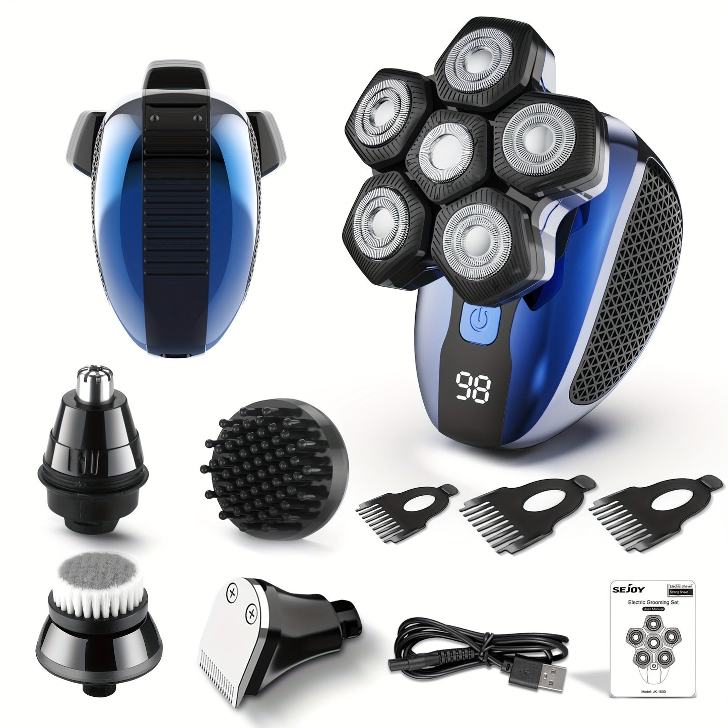 Electric Head Shaver for Bald Men 7D 7 Floating Heads — All-in-One Grooming Kit with Nose Hair Trimmer & Facial Cleaning Brush, 1.5H Fast Charging, Travel Lock, Rechargeable Men's Razor Gift Set (Blue/Black/Gold/Coffee)