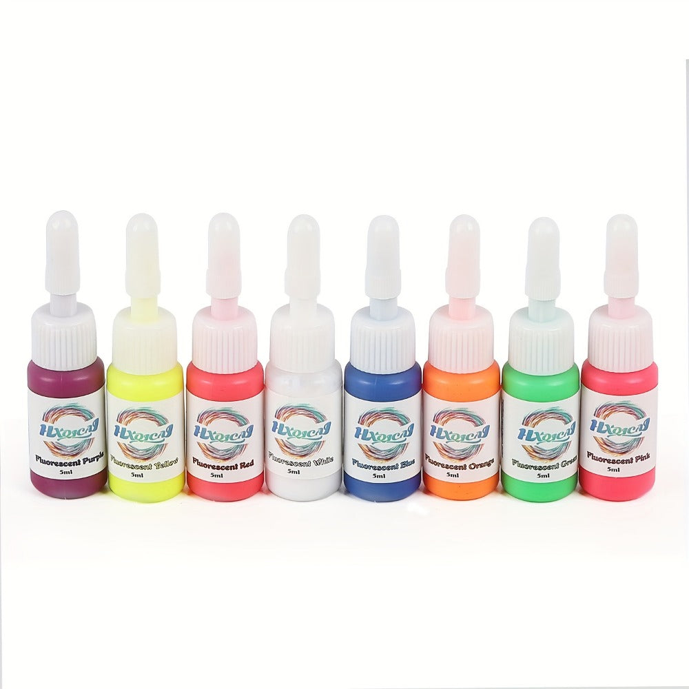 UV Fluorescent Tattoo Ink Kit 8 Colors Glow Under Blacklight – Safe Non-Toxic 5ml Bottles Professional Neon Body Art Ink Set for UV Tattoos Raves Festivals Clubs Blacklight Events