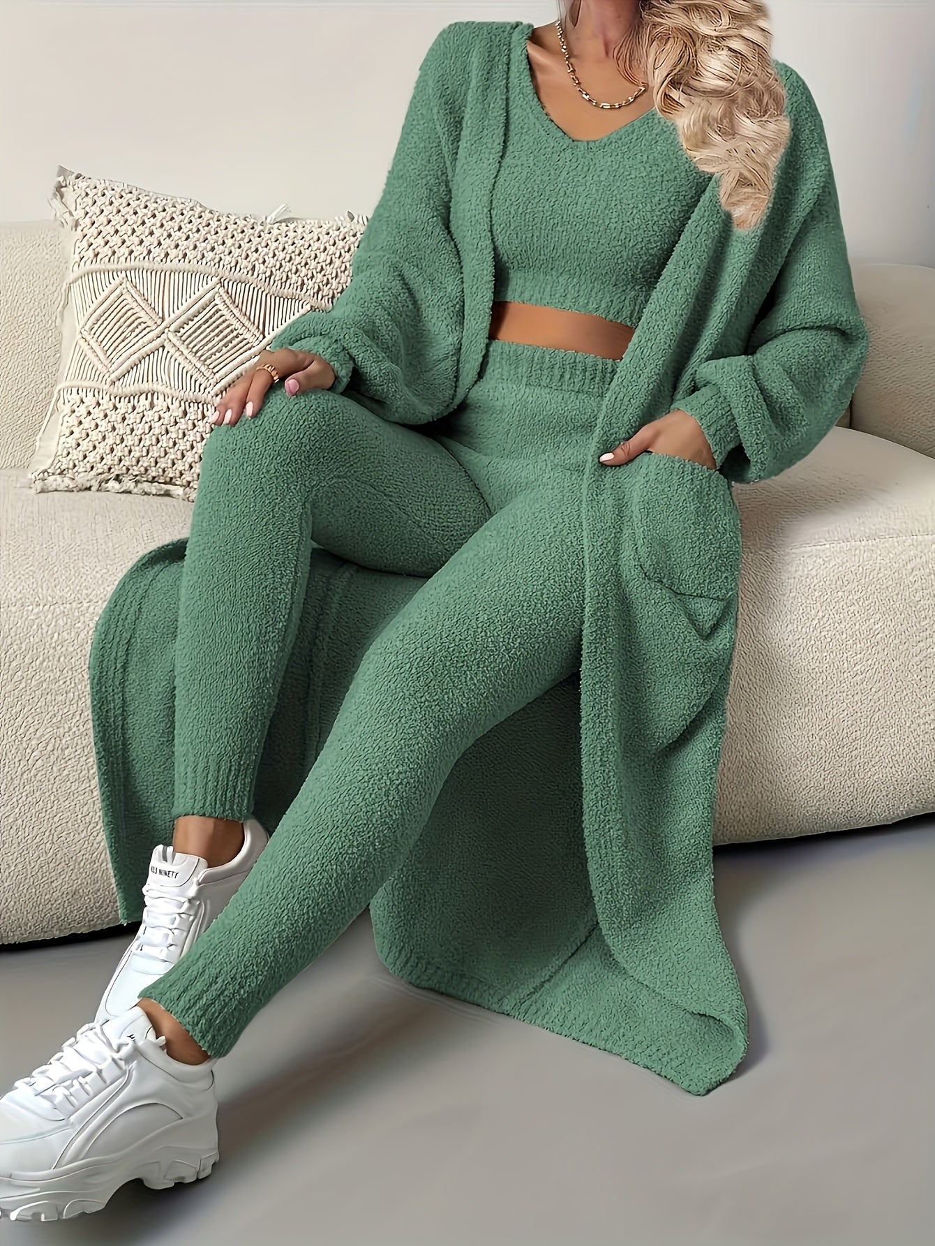 Women's Pajama Set - 3-Piece Solid Color Comfort, Khaki