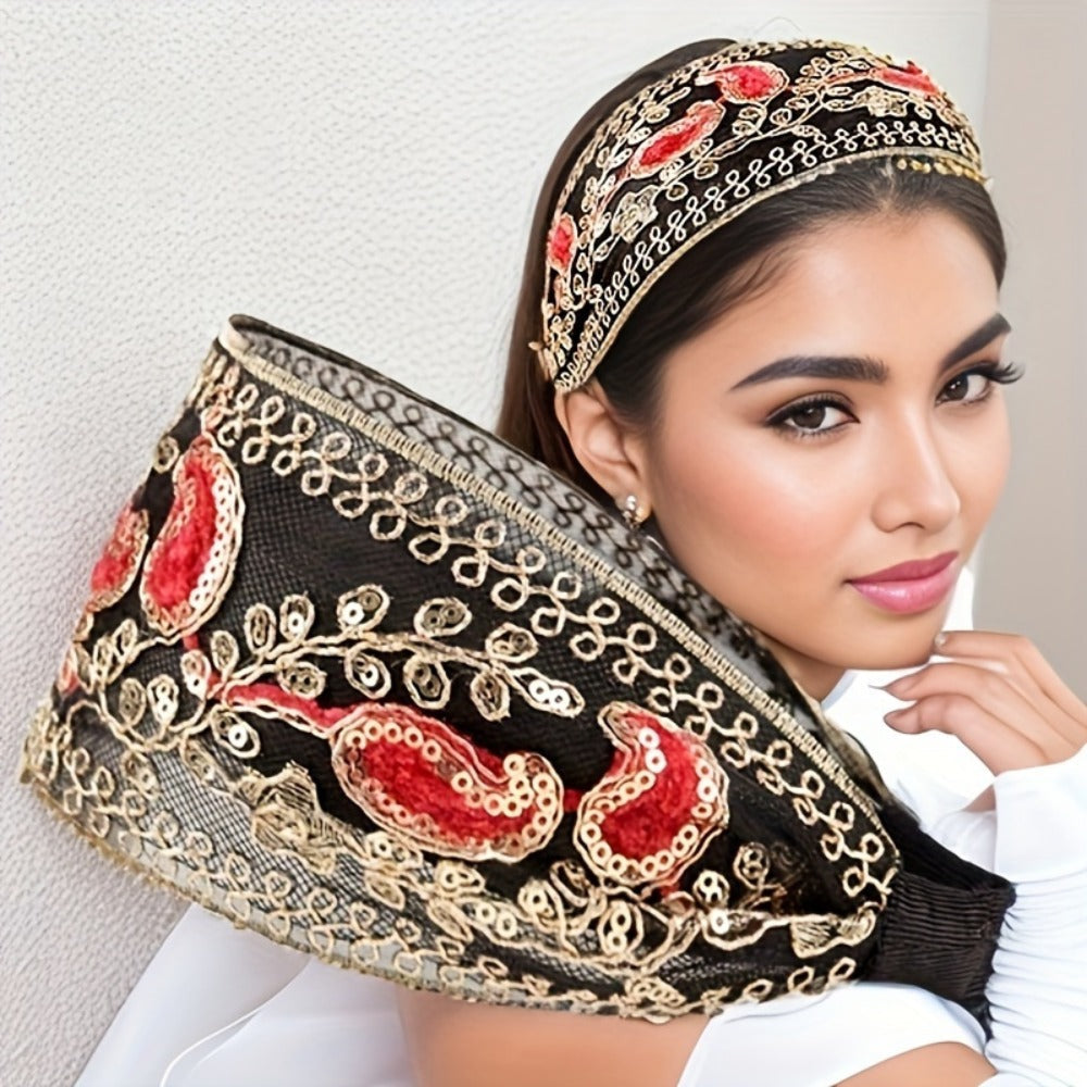 Lace Sequin Flower Headbands for Women 2pcs Wide Non-Slip Boho Retro Embroidered Hair Hoops for Daily Wear Spring Summer Wedding Party Chic Hair Accessories Gift Set Black Coffee Red Green
