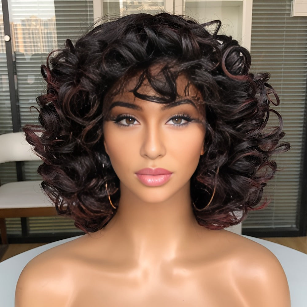 Short Curly Wig with Bangs for Women 14 Inch Jerry Curl Synthetic 13x1 Lace Front — Heat Resistant, Daily Wear Cosplay, Dark Brown Copper Red Dark Wine