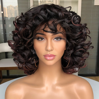 Short Curly Wig with Bangs for Women 14 Inch Jerry Curl Synthetic 13x1 Lace Front — Heat Resistant, Daily Wear Cosplay, Dark Brown Copper Red Dark Wine