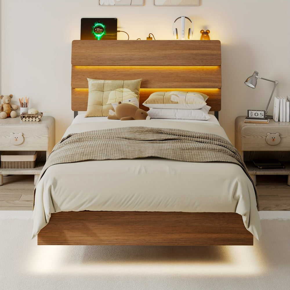 Floating Heavy-Duty Bed Frame with Charging Station and LED Lighting for Bedroom detail image - detail view 11