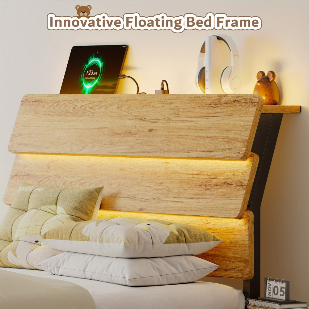 Floating Heavy-Duty Bed Frame with Charging Station and LED Lighting for Bedroom detail image - detail view 12