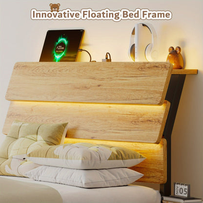 Floating Heavy-Duty Bed Frame with Charging Station and LED Lighting for Bedroom detail image - detail view 12