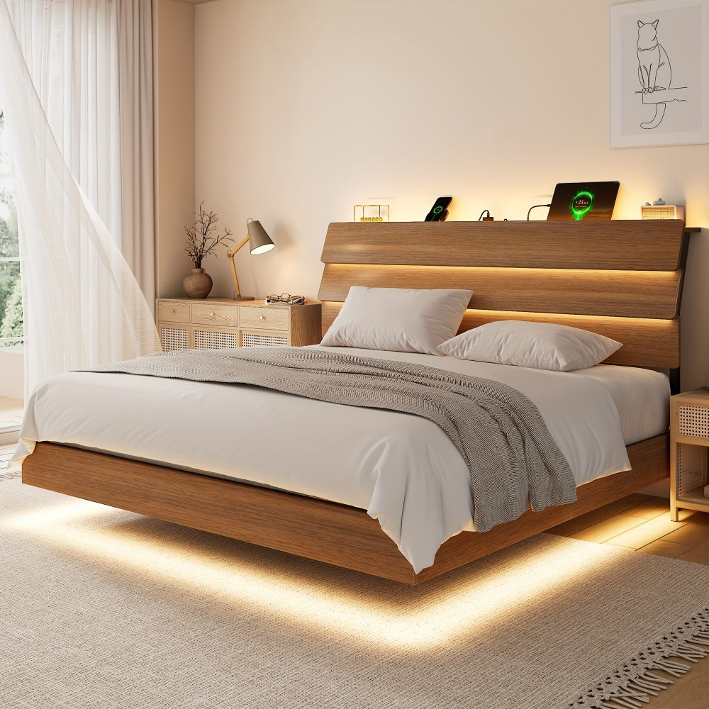 Floating Heavy-Duty Bed Frame with Charging Station and LED Lighting for Bedroom detail image - detail view 15