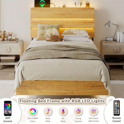 Floating Heavy-Duty Bed Frame with Charging Station and LED Lighting for Bedroom detail image - detail view 17