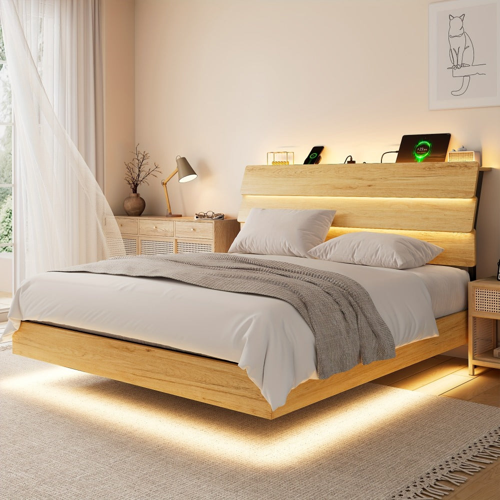 Floating Heavy-Duty Bed Frame with Charging Station and LED Lighting for Bedroom detail image - detail view 18