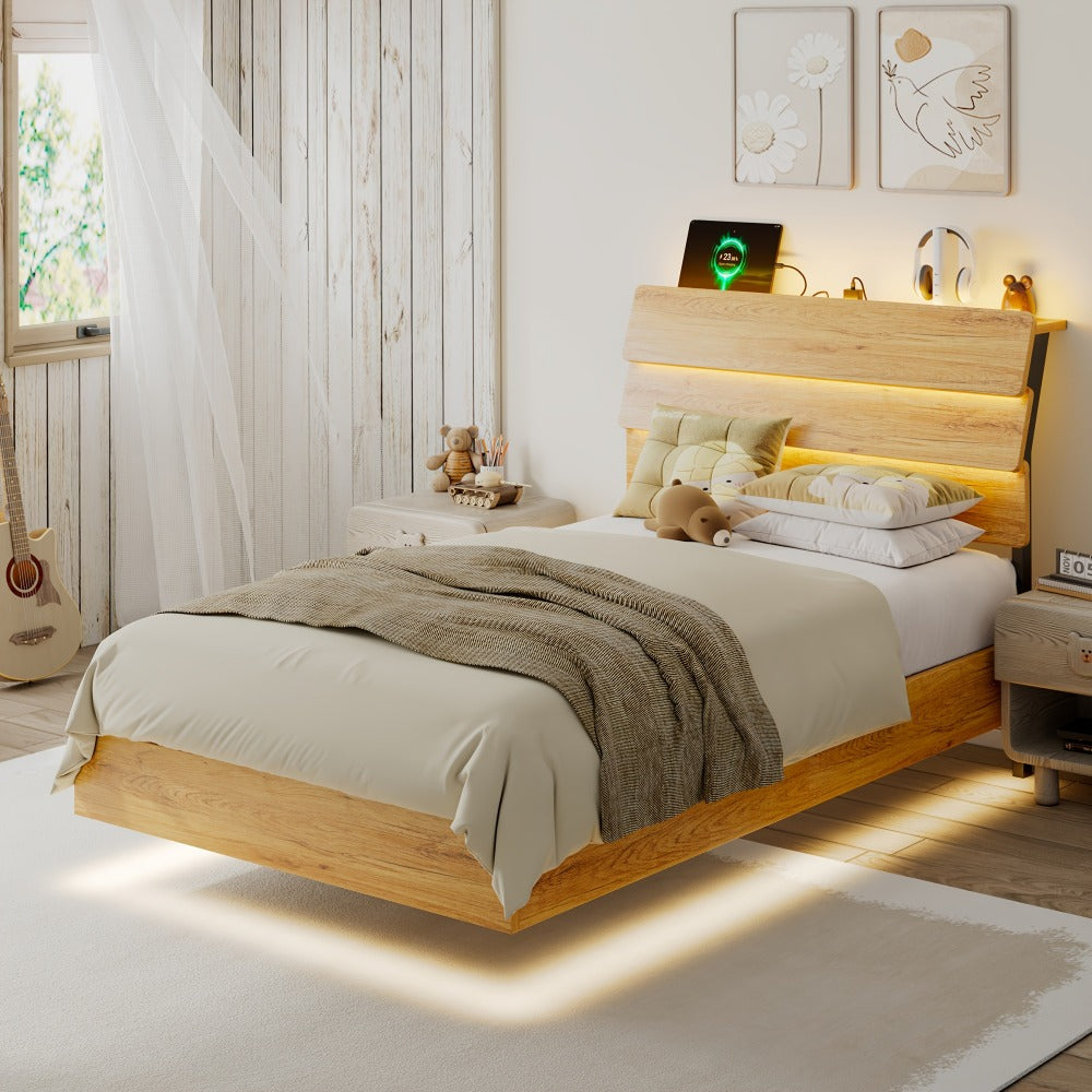 Floating Heavy-Duty Bed Frame with Charging Station and LED Lighting for Bedroom detail image