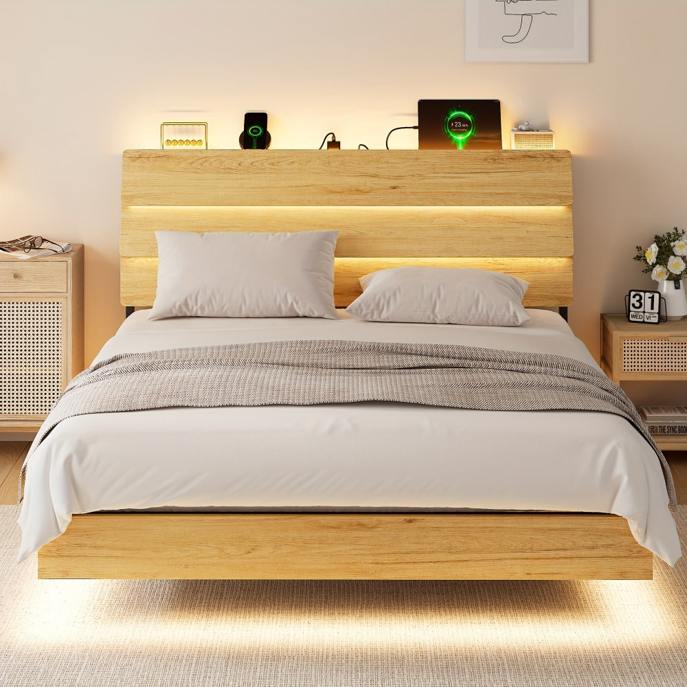 Floating Heavy-Duty Bed Frame with Charging Station and LED Lighting for Bedroom detail image - detail view 20