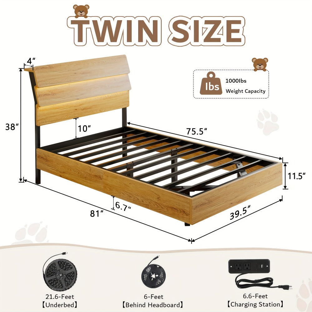 Floating Heavy-Duty Bed Frame with Charging Station and LED Lighting for Bedroom detail image - detail view 4