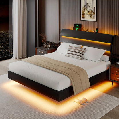 Floating Heavy-Duty Bed Frame with Charging Station and LED Lighting for Bedroom detail image - detail view 5
