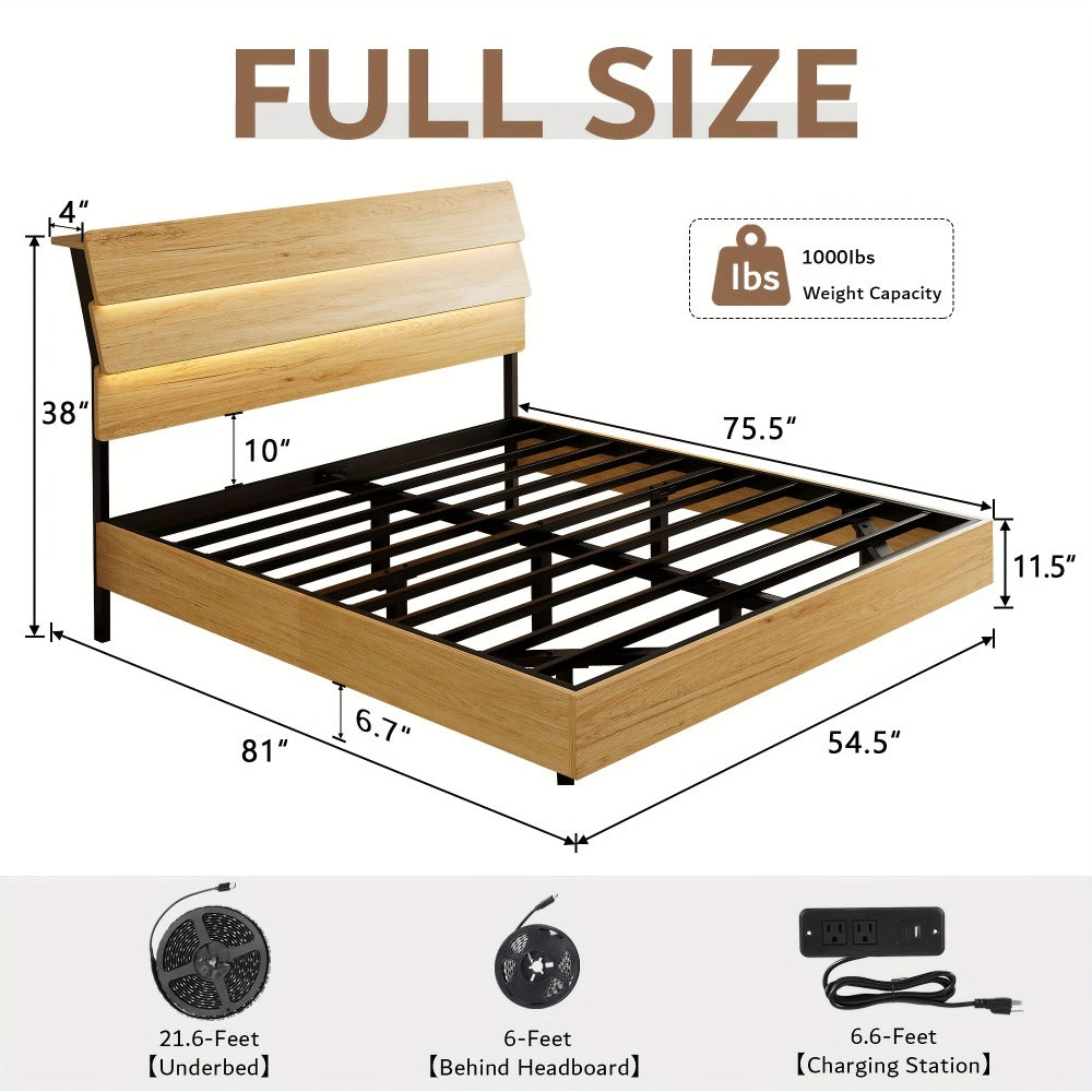 Floating Heavy-Duty Bed Frame with Charging Station and LED Lighting for Bedroom detail image - detail view 6