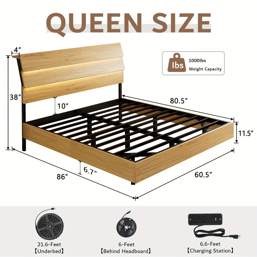 Floating Heavy-Duty Bed Frame with Charging Station and LED Lighting for Bedroom detail image - detail view 8
