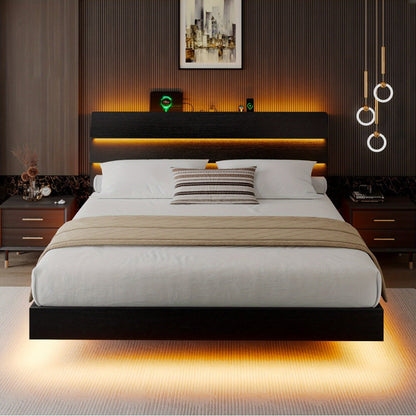 Floating Heavy-Duty Bed Frame with Charging Station and LED Lighting for Bedroom detail image - detail view 9