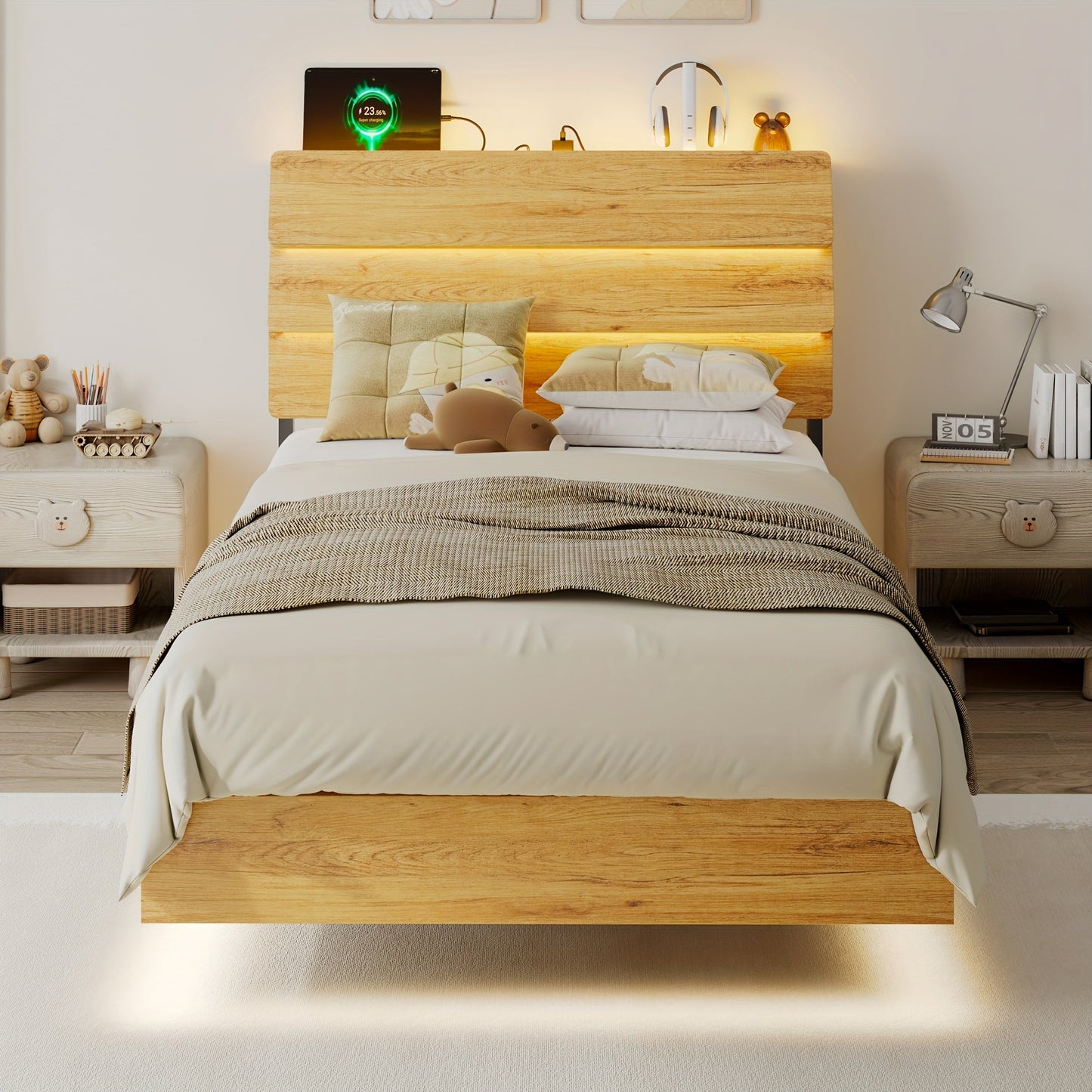 Bed Frame shown in the Oak, Twin option