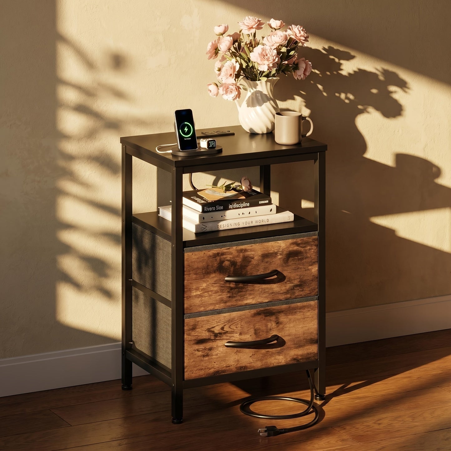 Nightstands shown in the Black+Brown, 1 Pc with 2 Drawers option