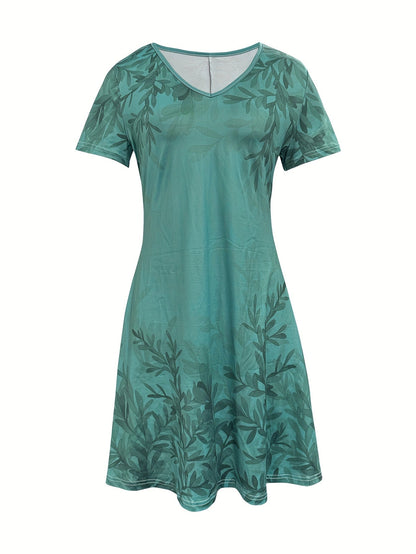 Floral V-Neck Midi Dress – Olive Retro Short Sleeve Style detail image