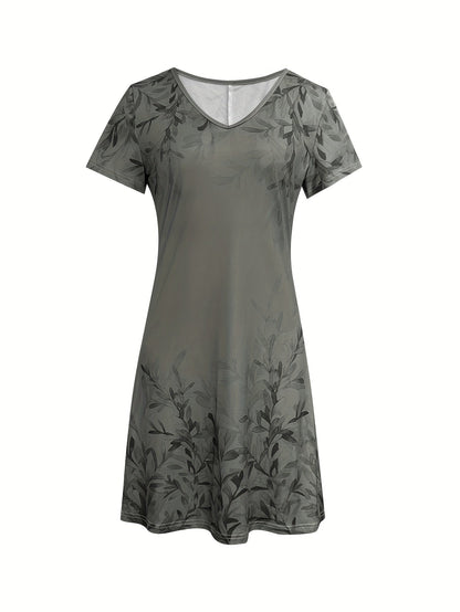 Floral V-Neck Midi Dress – Olive Retro Short Sleeve Style detail image - detail view 3