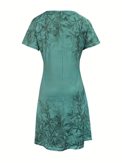 Floral V-Neck Midi Dress – Olive Retro Short Sleeve Style detail image - detail view 4