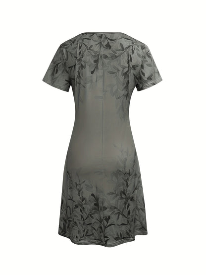 Floral V-Neck Midi Dress – Olive Retro Short Sleeve Style detail image - detail view 5