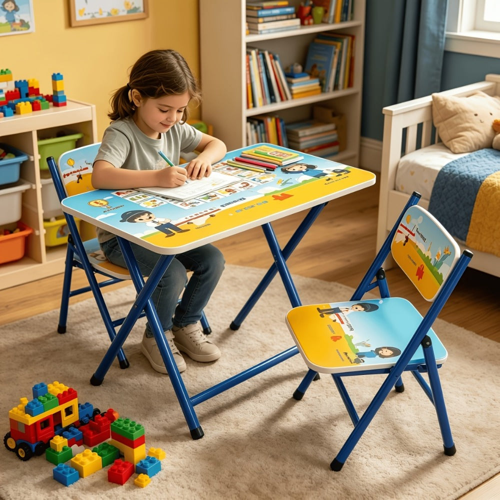 Kids Table and Chair Set, Foldable with Cute Patterns, Sturdy Metal Frame Children's shown in the main product view