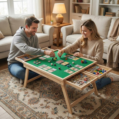 Folding Game Table with Storage Drawers and Non-Slip Base for Living Room detail image