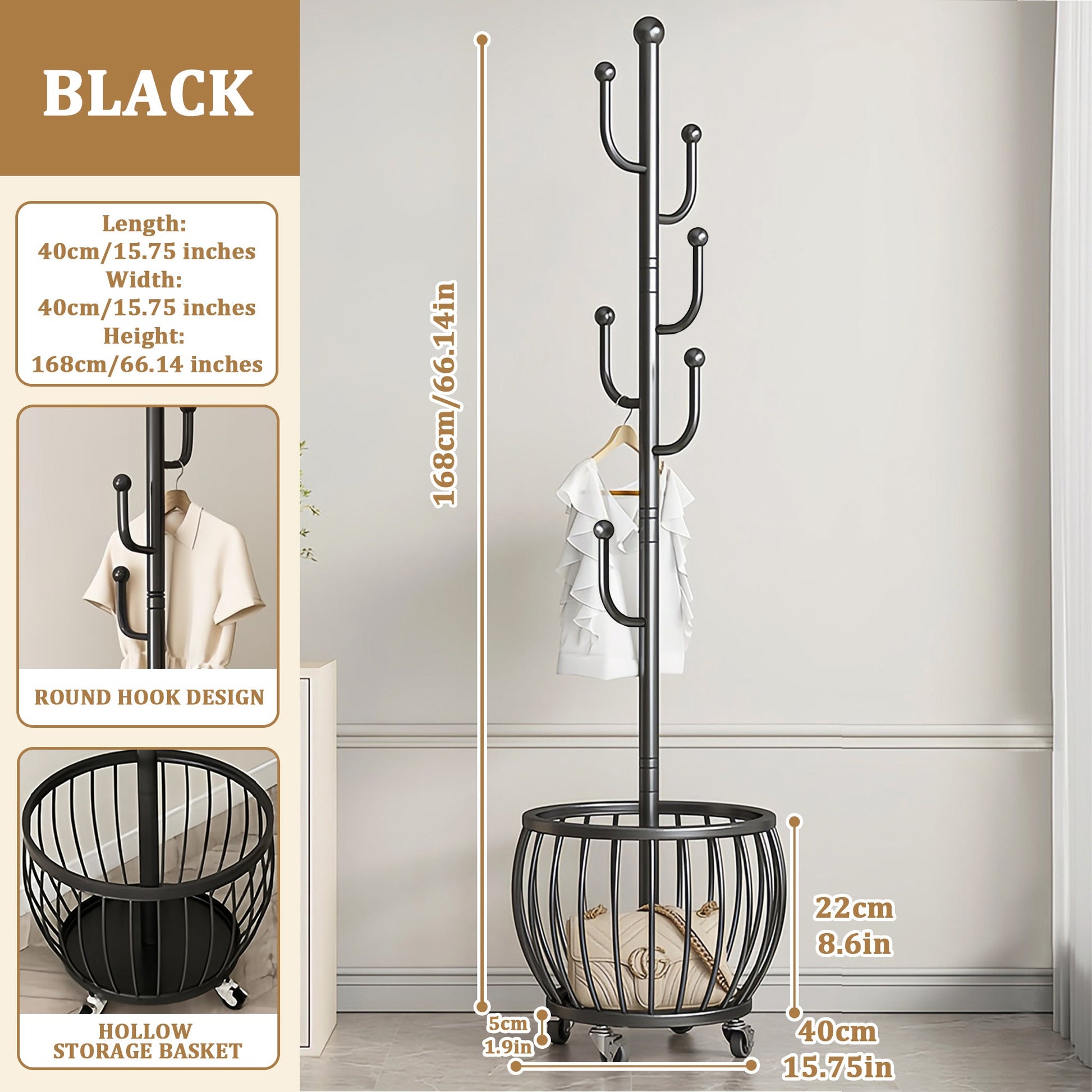 Freestanding Coat Rack with Locking Wheels for Organized Everyday Storage in Entryway detail image - detail view 12