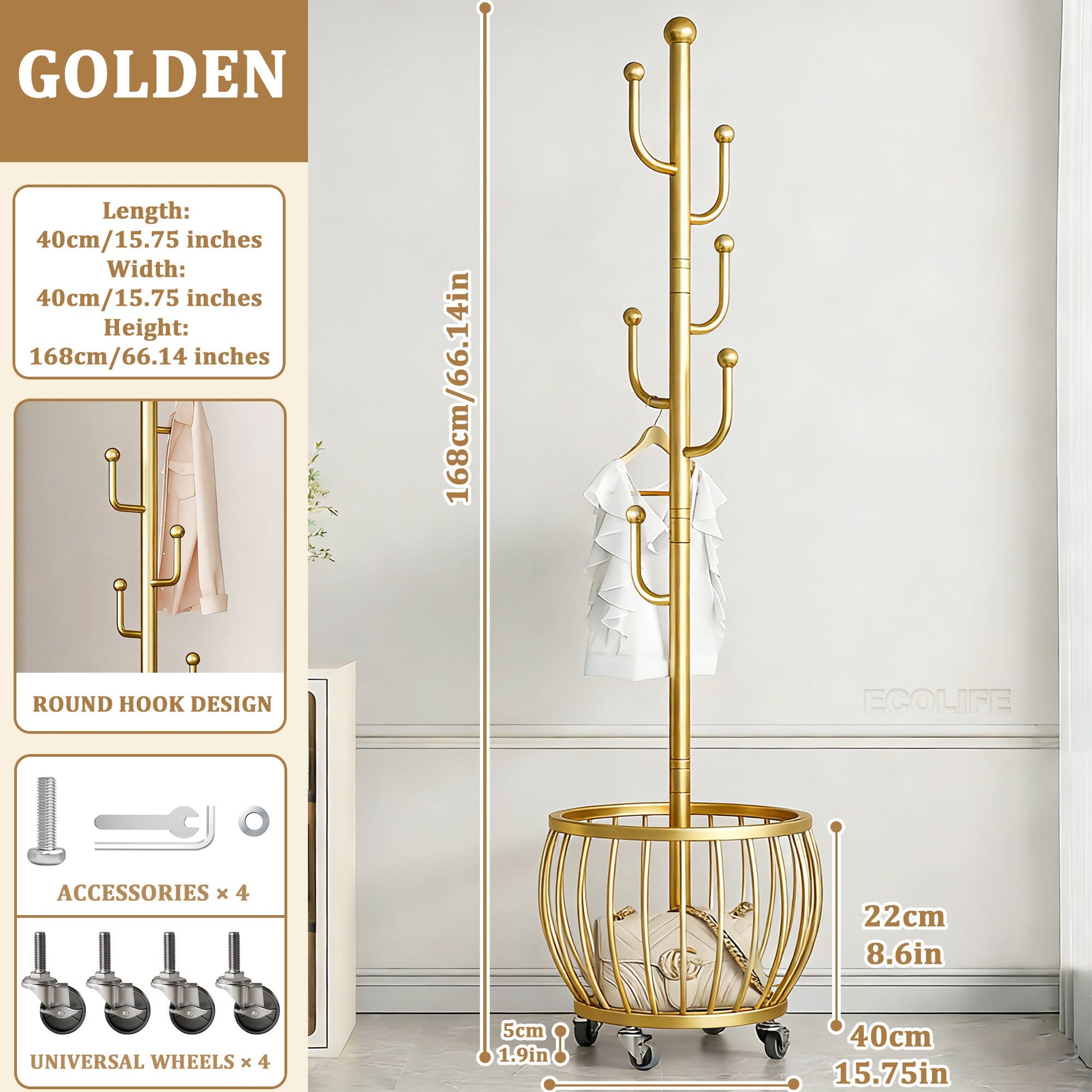 Freestanding Coat Rack with Locking Wheels for Organized Everyday Storage in Entryway detail image - detail view 14