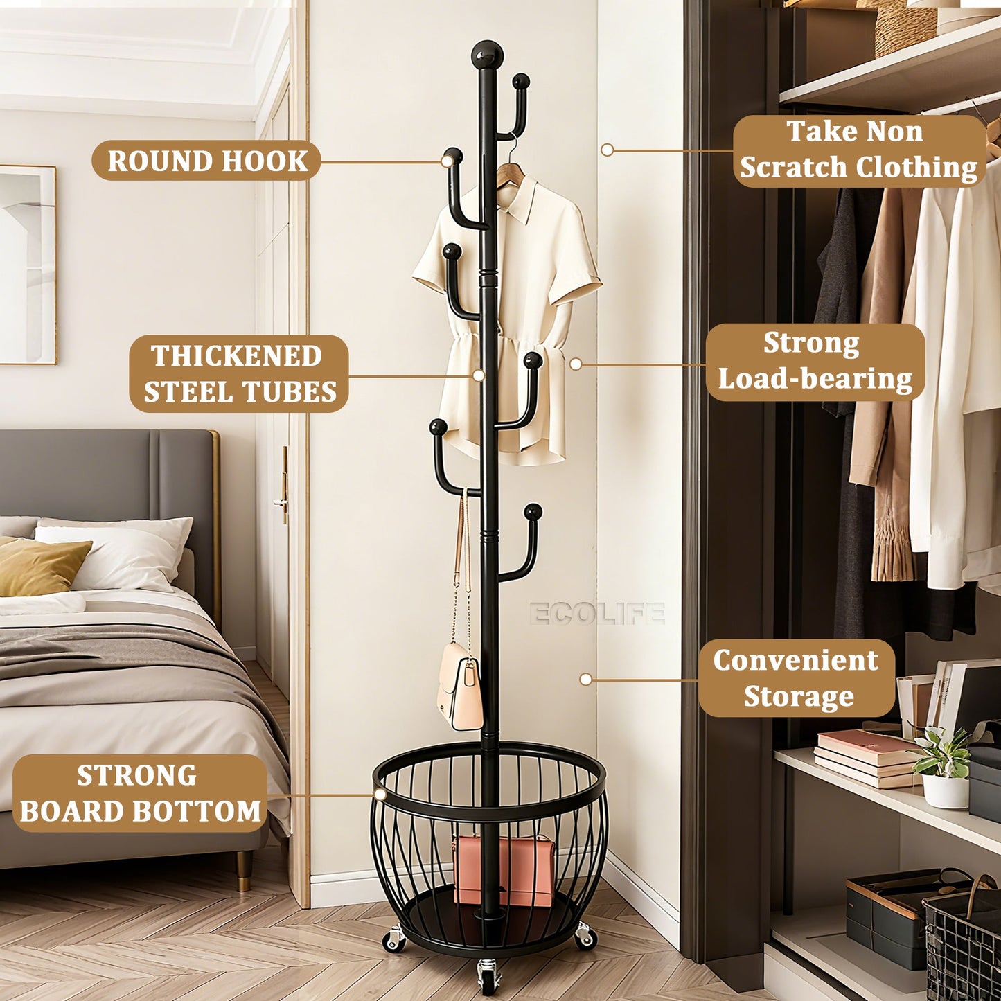 Freestanding Coat Rack with Locking Wheels for Organized Everyday Storage in Entryway detail image - detail view 20