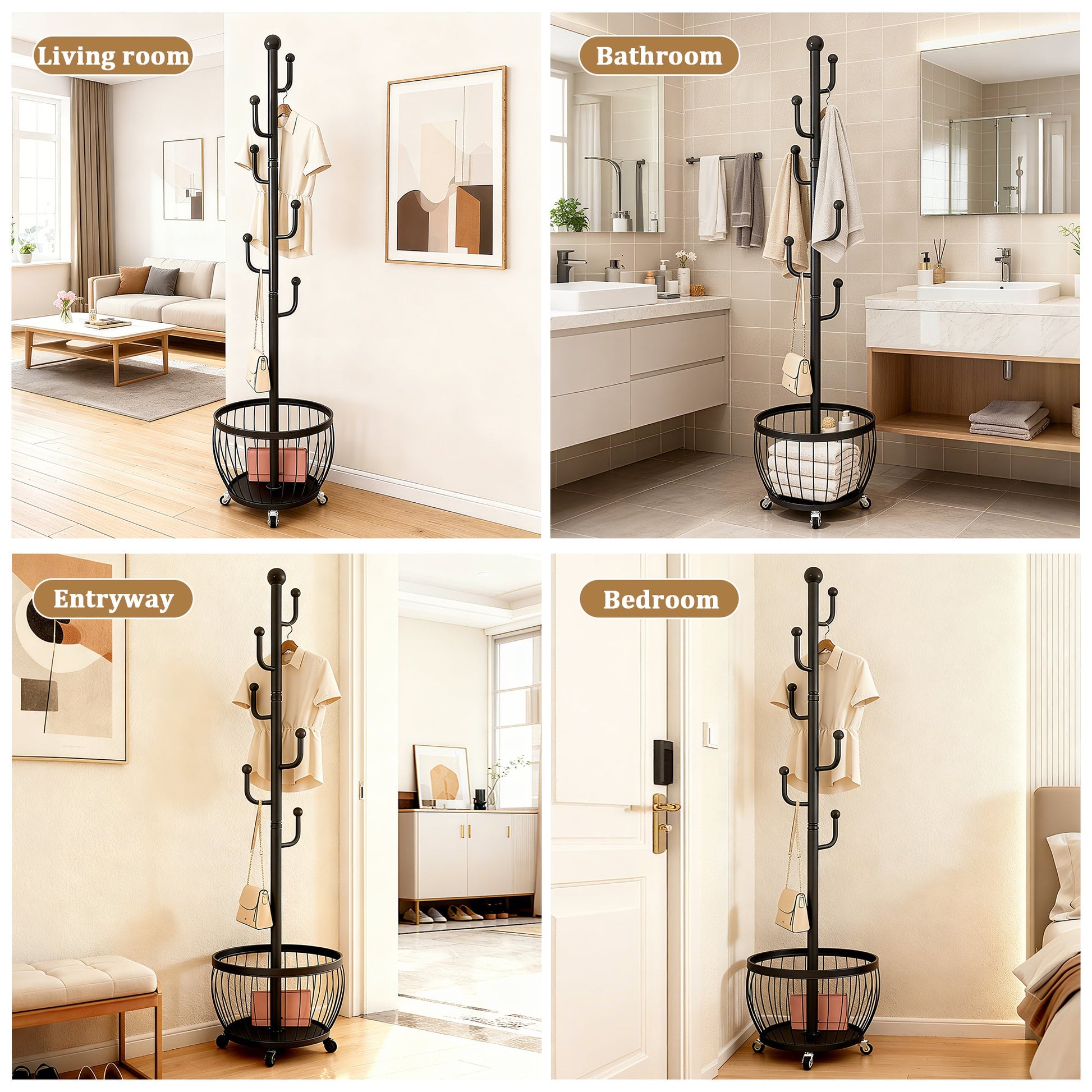Freestanding Coat Rack with Locking Wheels for Organized Everyday Storage in Entryway detail image - detail view 4