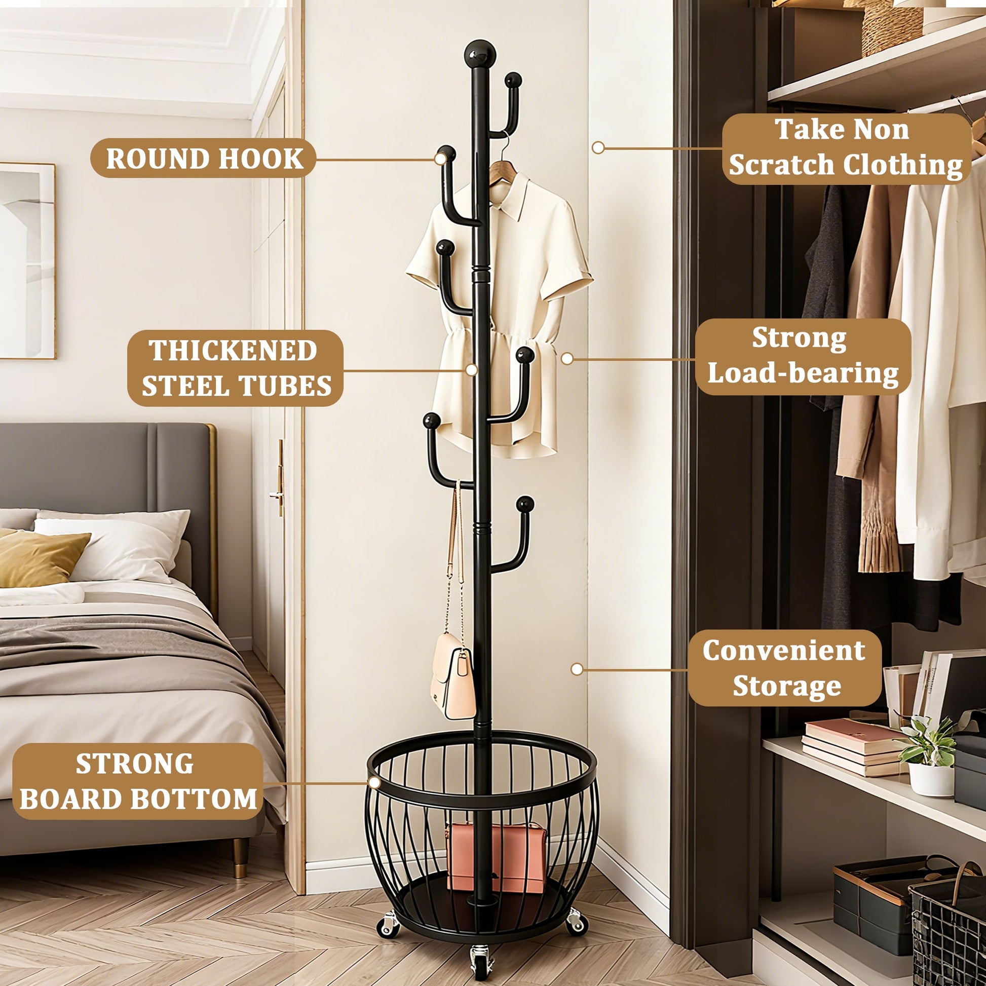 Coat Rack, Rotating with Storage Basket & 6 Hooks, Freestanding Mobile Clothes Hanger on 4 shown in the main product view