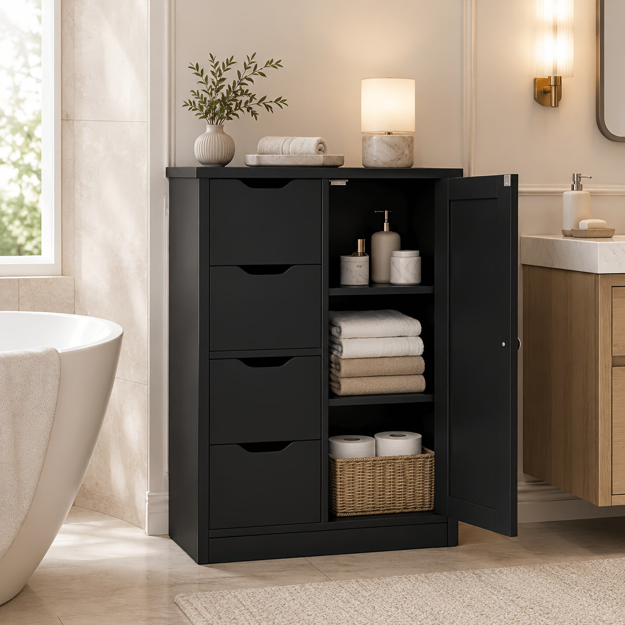 Bathroom Floor Cabinet shown in the Black option