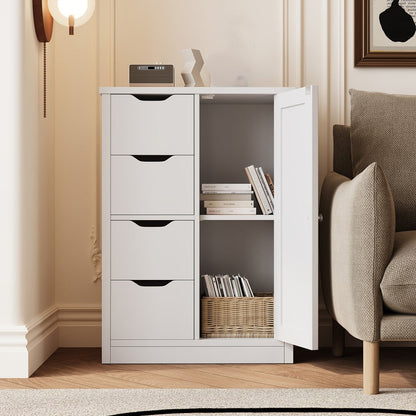 Bathroom Floor Cabinet, Wooden with 4 Drawers & 1 Cupboard, Freestanding Side Storage shown in the main product view