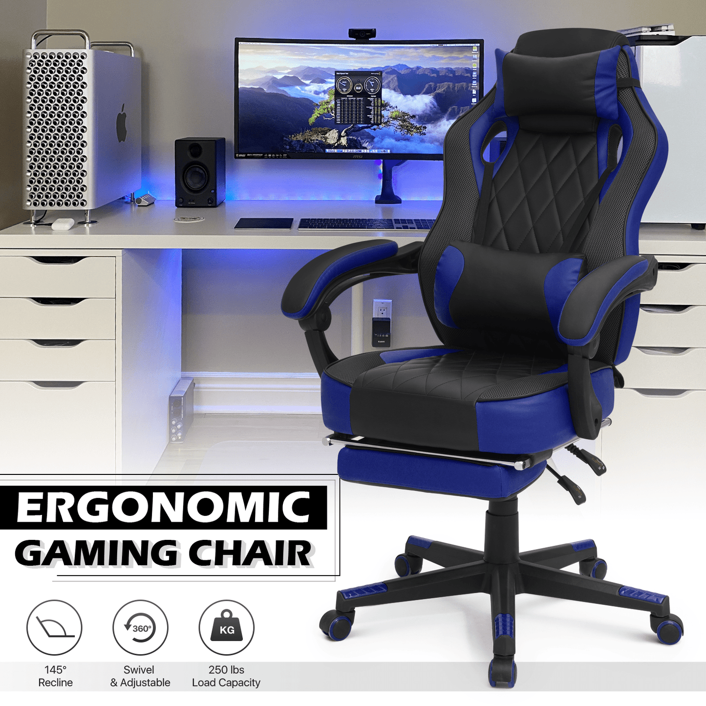Gaming Chair shown in the Blue option