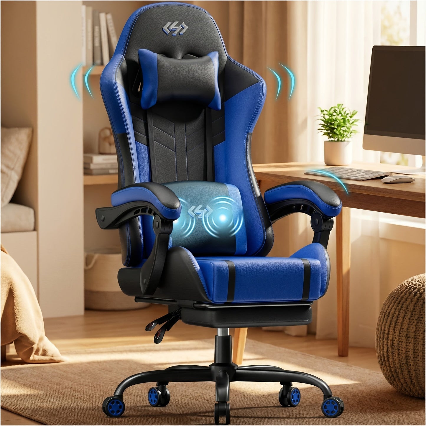 Gaming Chair shown in the 5-wheel gaming chair (1 piece) in black and blue option