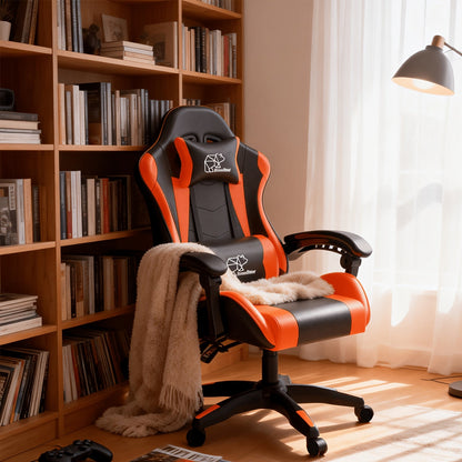 Gaming Chair shown in the No Footrest, Black and Orange option