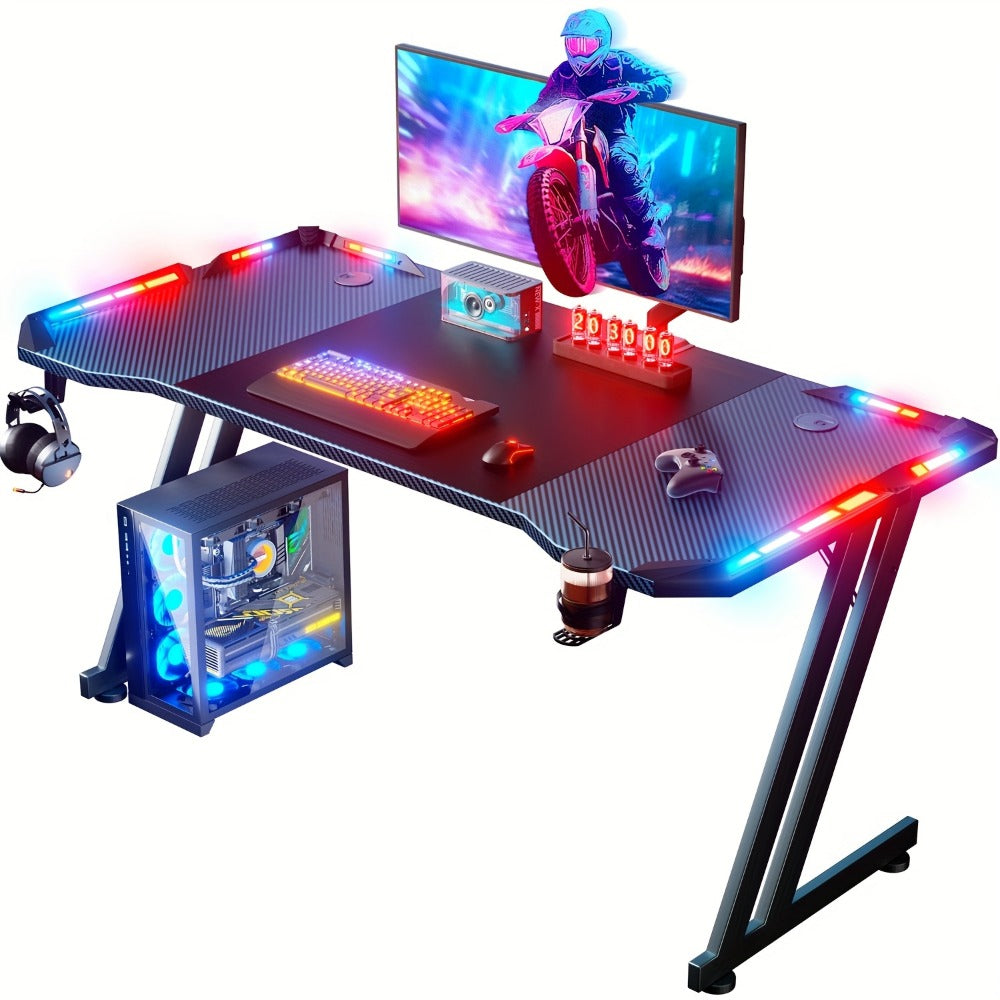 Gaming Desk with LED Lights Carbon Fiber Surface Z-Shaped Large Computer Desk 47/55/63 shown in the main product view