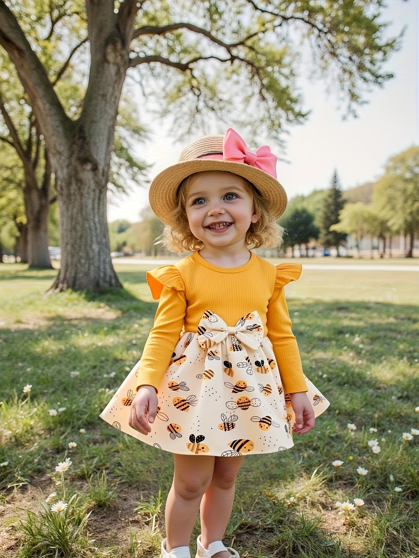 Girls' Yellow Polyester Printed Ruffle Dress - product view 7