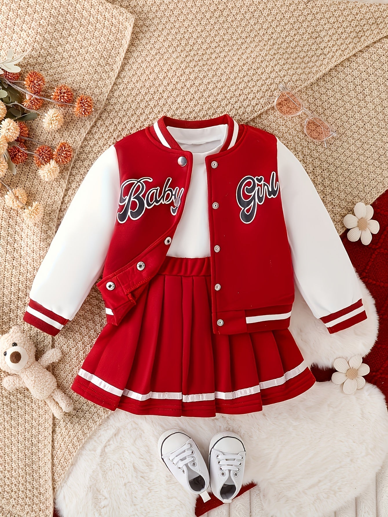 Girls' White+Red Knit Printed Pleated Jacket - product view 6