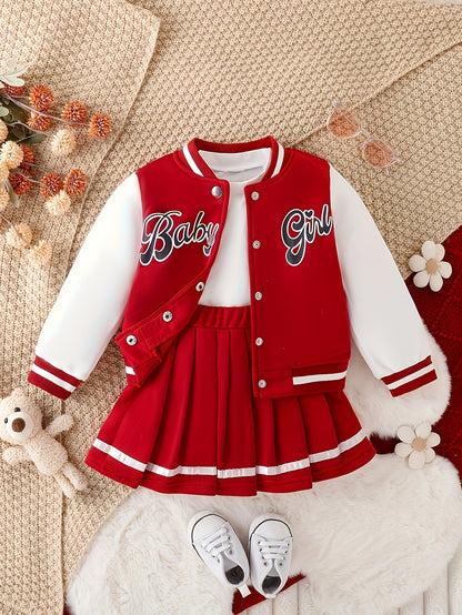 Girls' White+Red Knit Printed Pleated Jacket - product view 6